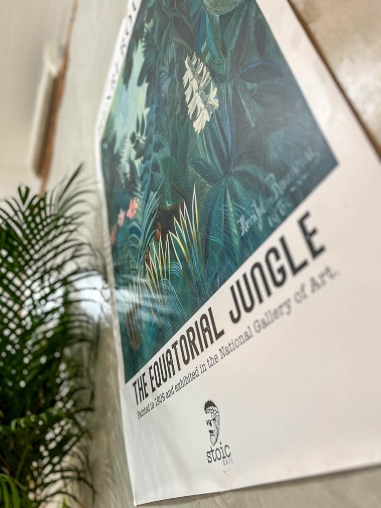 Art and atmosphere—Henri Rousseau’s tropical jungle print brings colour and whimsy to Stoic Cafe’s interior