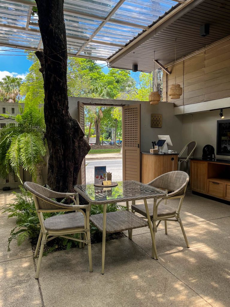 A living tree anchors the airy glasshouse interior at LANN Cafe — an elegant blend of architecture and nature