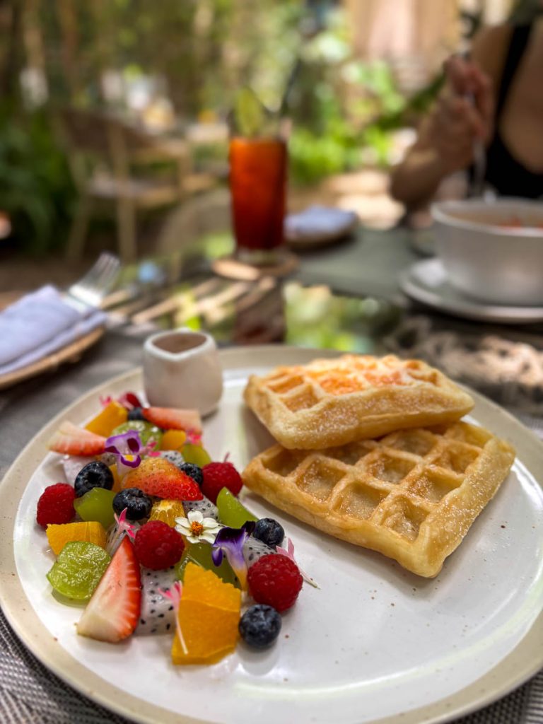 The ALANNA Vegan Waffles — golden, airy, and served with coconut flower syrup and fresh tropical fruit