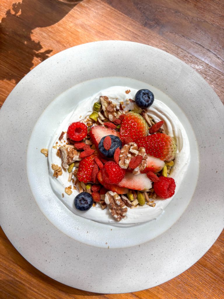 Greek yoghurt bowl with berries, walnuts and pistachios at Fran’s Chiang Mai