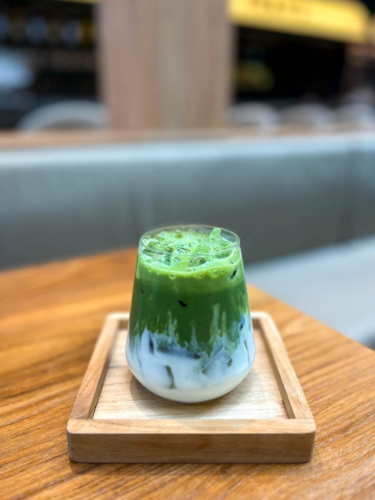 Matcha latte over ice at Fran’s Chiang Mai restaurant