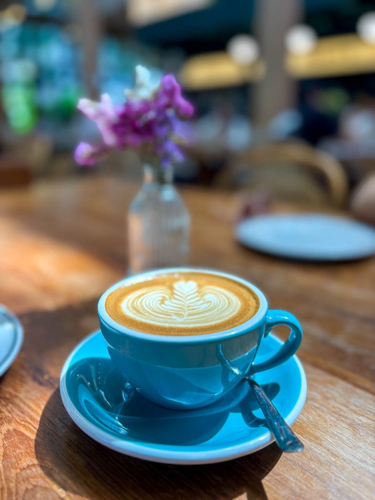 Hot latte with latte art at Fran’s Chiang Mai in Nimman