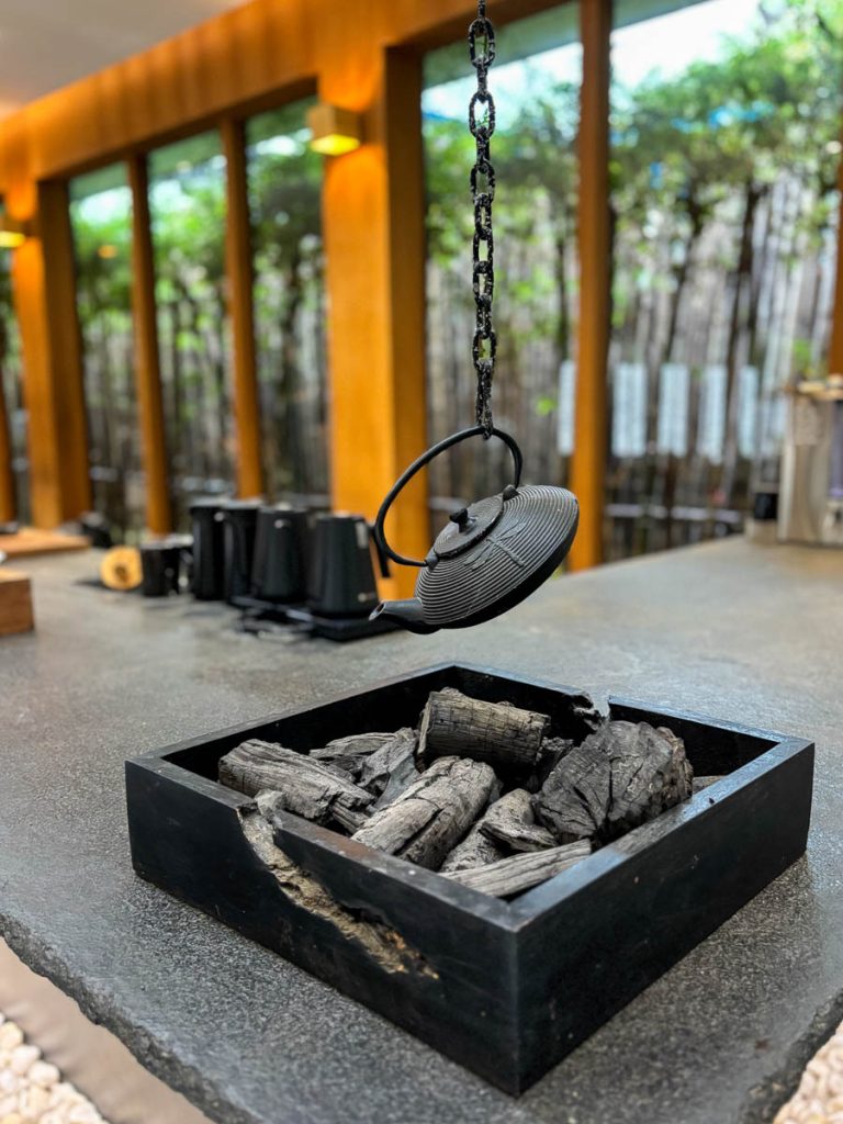 Japanese Tetsubin kettle and charcoal irori at Baristro Asian Style matcha slow bar Chiang Mai