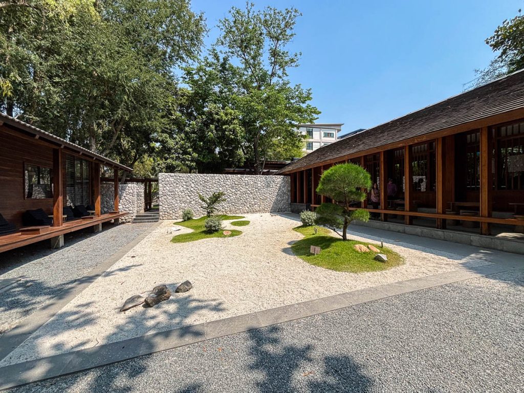 Baristro Asian Style Chiang Mai zen garden with Lanna Workspace and slow bar pavilion either side
