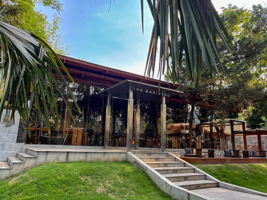 Steps leading to glass pavilion speed bar at Baristro Asian Style Chiang Mai