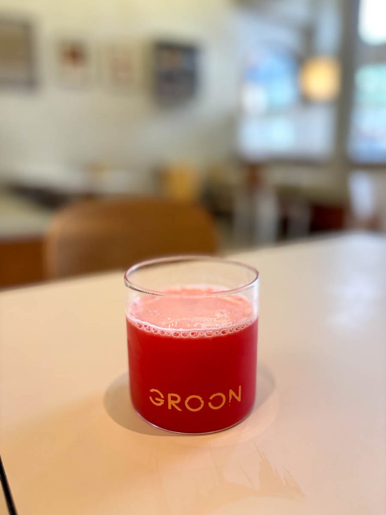 Sunset Strip fresh juice made with red apple and watermelon at GROON Bread & Brunch Cafe in Nimman, Chiang Mai