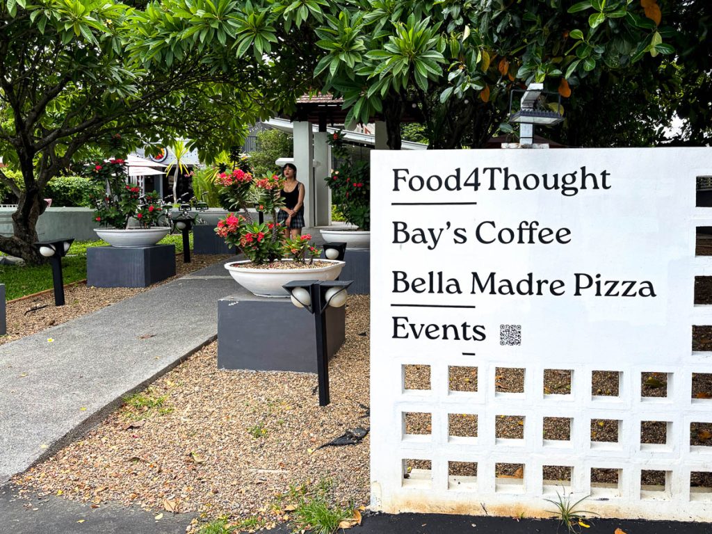 Signage for Food4Thought, Bay's Coffee and Bella Madre Pizza at 113 Compound, Chiang Mai